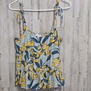 MINE Anthropologie Blue Yellow Floral Leaf Print Tiered Peplum Tie Straps Top M